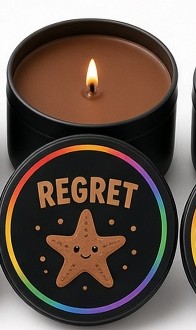 Regret candle in a black tin